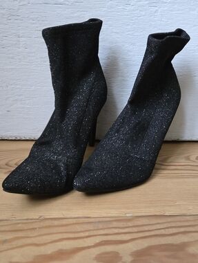 Glitter Black Sock Ankle Boot Heels Size 6